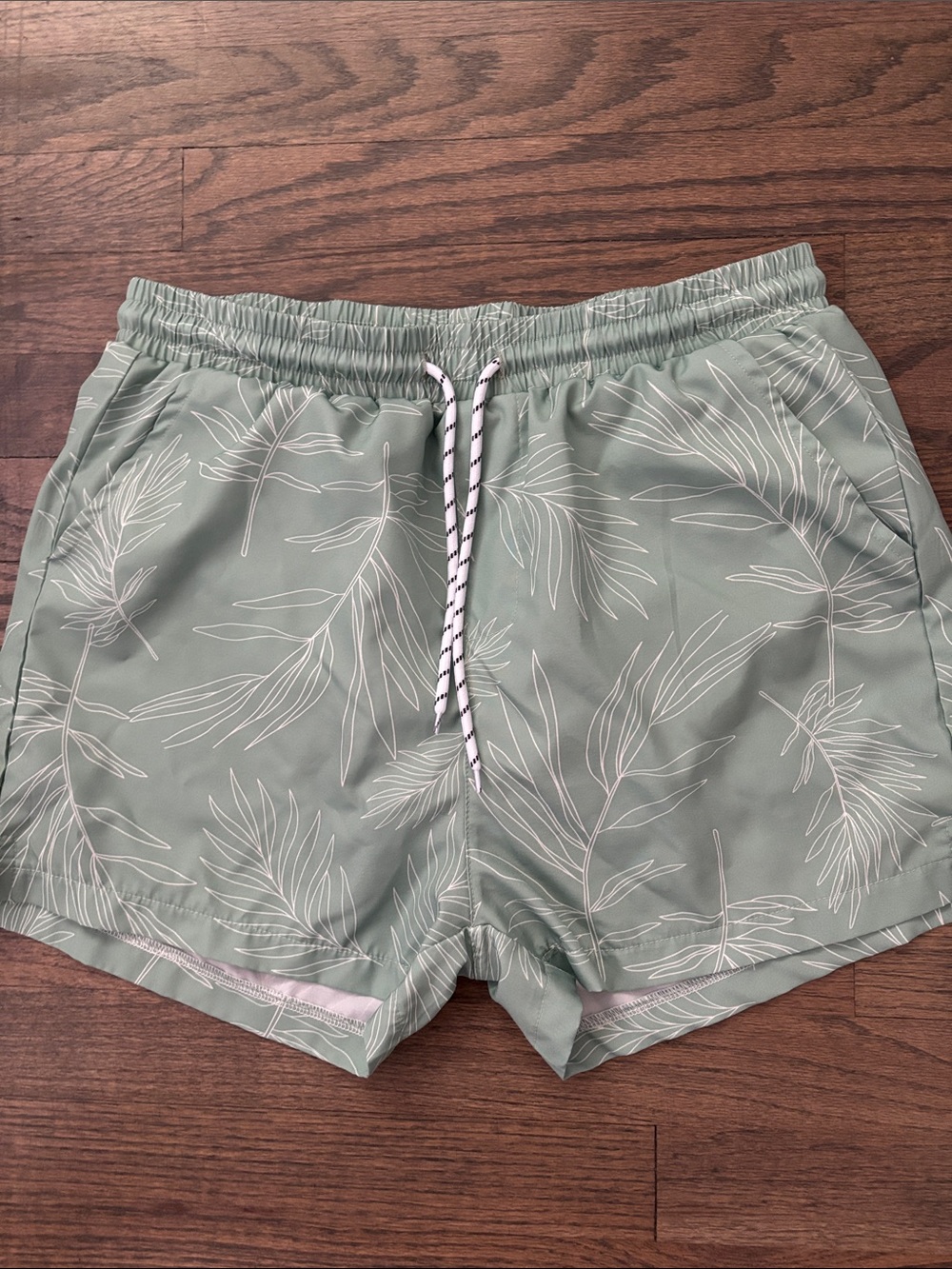 Men's Sage Green Leaf Print Swim Trunks - Picture 6 of 11